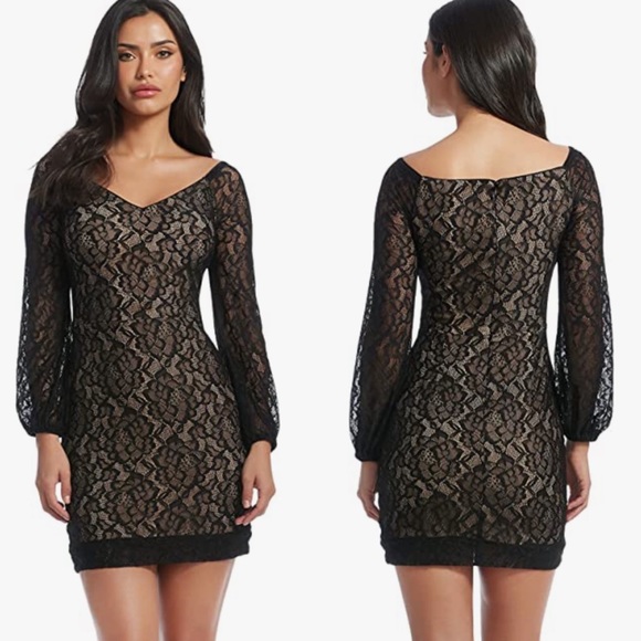 DRESS THE POPULATION Black/nude Esperanza
Lace Mini Dress size Large L - Picture 2 of 9